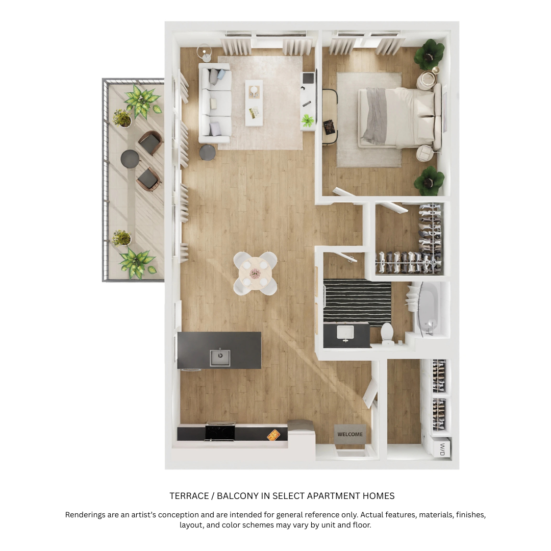 Floor plan for 1 bed, 1 bath, 805 sqft